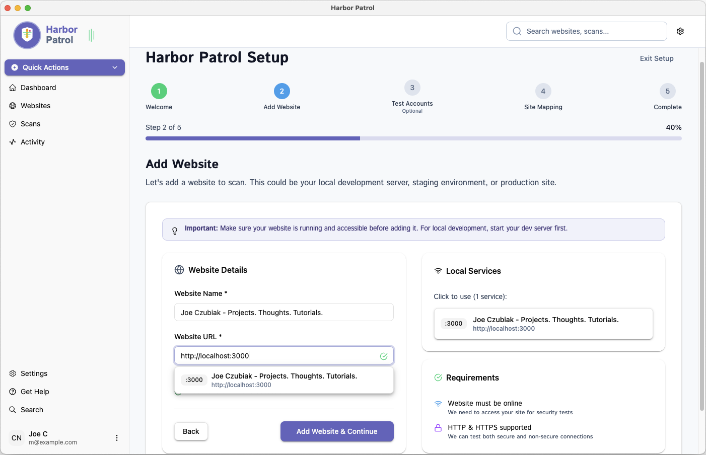 Add Website Interface
